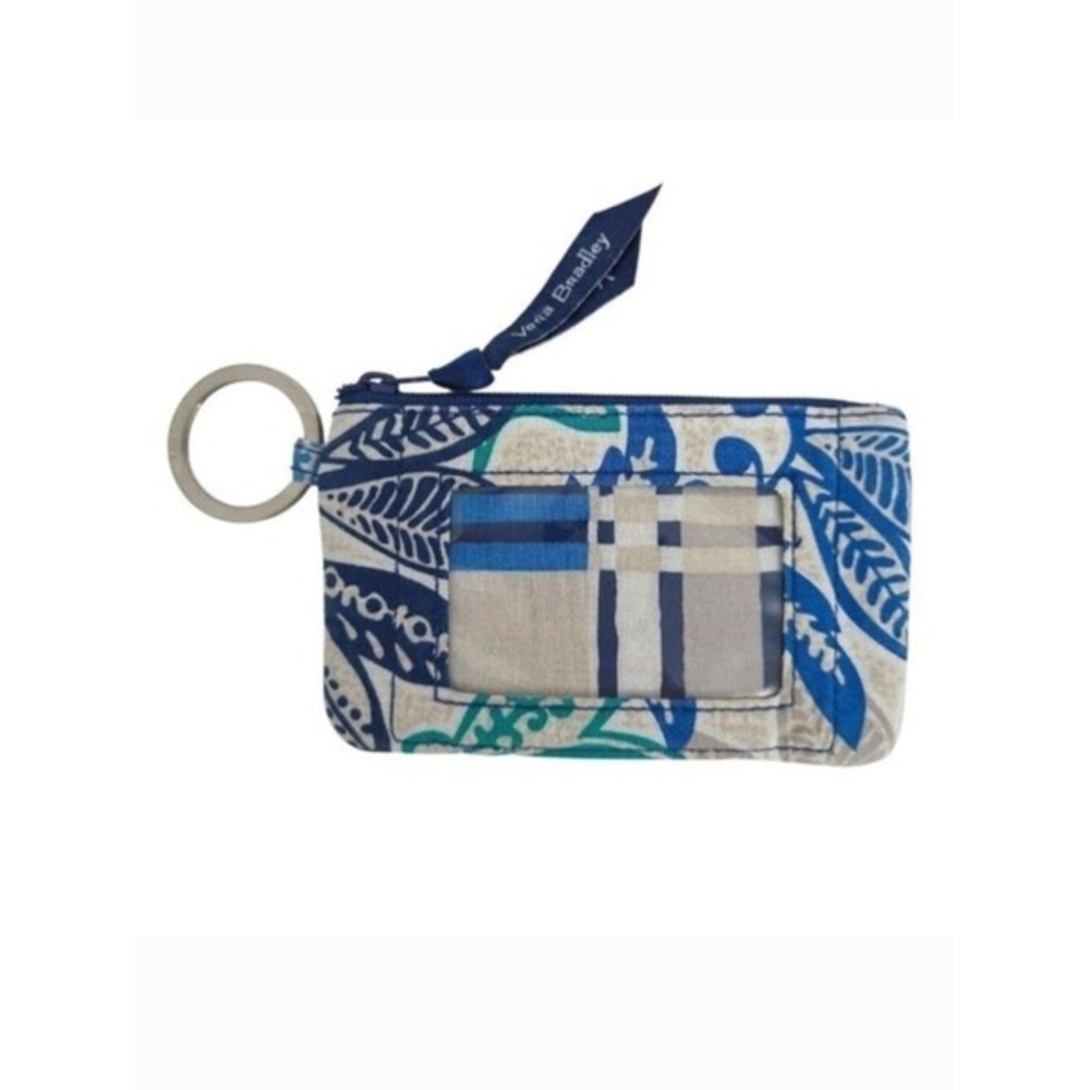 Vera Bradley Blue Green Beige Leaves Santiago ID Card Holder / Coin Pouch Wallet